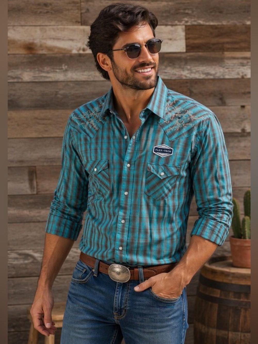 Panhandle Slim Western Shirt Plaid Blue Snap Button Size M
